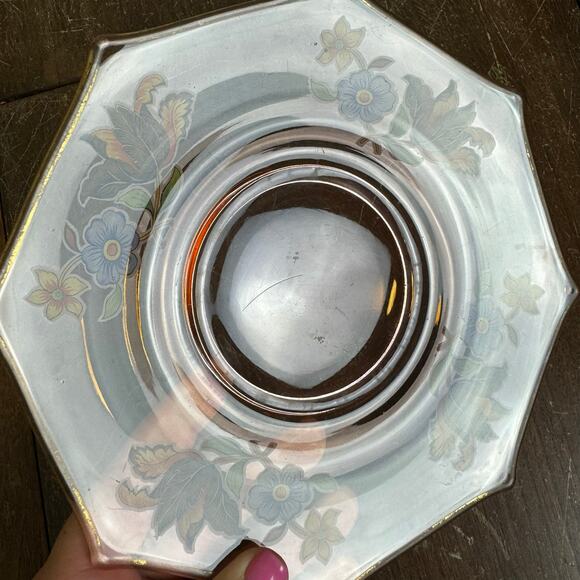 Pink Depression Applied Flocked Style Floral Design Octagon Plate - Picture 4 of 6
